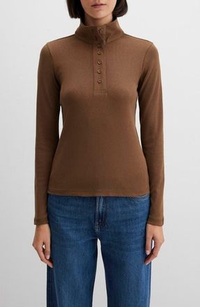 Mavi Turtleneck Long Sleeve Cotton Jersey Top in Teak at Nordstrom, Size X-Small