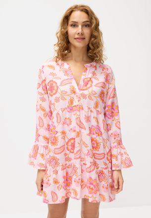 Lascana Longbluse LASCANA, Damen, Gr. 32/34, bunt (orange, pink bedruckt), Web, Obermaterial: 58% Viskose, 28% Baumwolle, 14% Leinen, bedruckt, figurumspielen