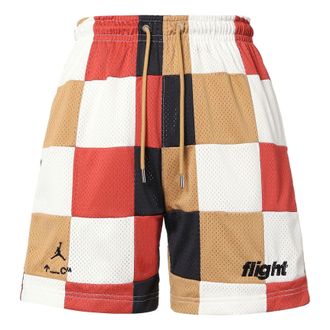 Nike Jordan Mens Air Jordan Loose Plaid Colorblock Mesh Shorts Red Clay Element Gold Colorblock DQ8348-662