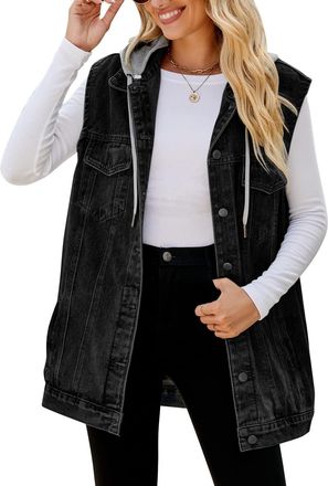 Feoya Womens Oversized Denim Gilet Distressed Baggy Hooded Denim Waistcoat Button Down Sleeveless Jean Jacket Casual Loose Fit Lapel Vest with Hood Pockets 