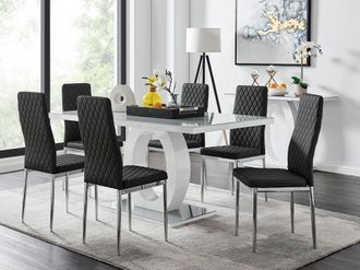 Furniturebox Giovani 6-Seater Grey Glass Dining Table & 6 Milan Faux Leather Dining Chairs in Black