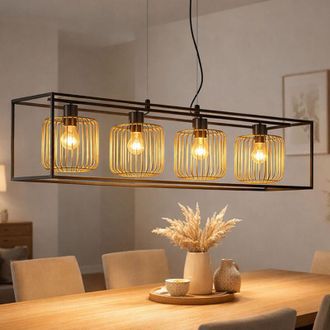 Fischer & Honsel Lampada a sospensione a sospensione lampada da tavolo gabbia 4 fiamme retro lampada da soggiorno nero oro regolabile, metallo, 4x prese E27, LxLxH
