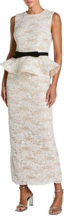 Mac Duggal Sleeveless Lace Peplum Top Column Gown With Bow in Ivory Nude at Nordstrom, Size 14