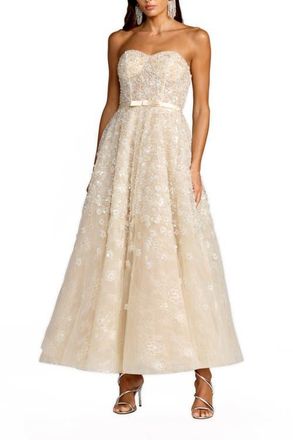 Mac Duggal Sequin Floral Strapless A Line Midi Dress in Oyster at Nordstrom, Size 10