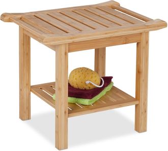 Relaxdays Banco Ba&ntilde;o Bamb&uacute;, Taburete Con Balda Adicional Y Asas, Banqueta Cocina O Pasillo, 45 X 55 X 40,5 Cm, Natural - Relaxdays