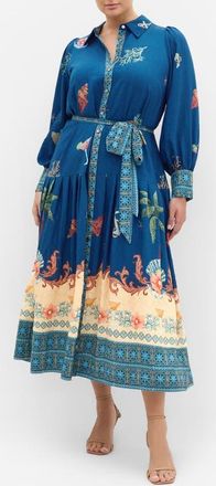 City Chic Ezra Mixed Print Long Sleeve Maxi Shirtdress in Navy Sea Bdr at Nordstrom, Size Xxxs