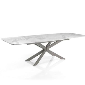 Oresteluchetta Mesa extensible cer&aacute;mica m&aacute;rmol blanco acero platino 75x160-240 cm