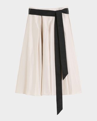 Max Mara Baschi Waist-Sash Pleated Taffeta Midi Skirt
