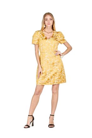 Jade Yoga V Neck Gathers Dress In Gold Foil