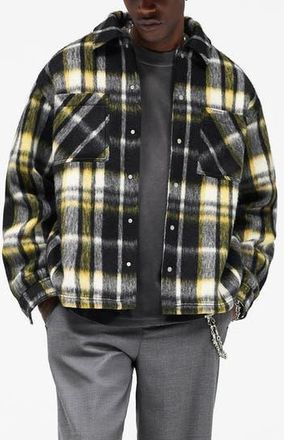 Represent Oversize Plaid Faux Fur Magnetic Snap Shirt Jacket in Jet Black at Nordstrom Rack, Size Xx-Large