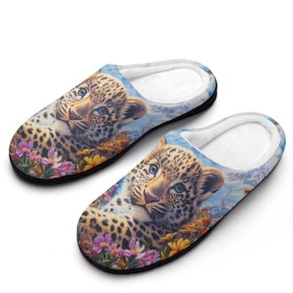 Generic Cute Leopard Womens Slippers Warm House Slippers Indoor House Shoes with Anti-Skid Rubber Sole