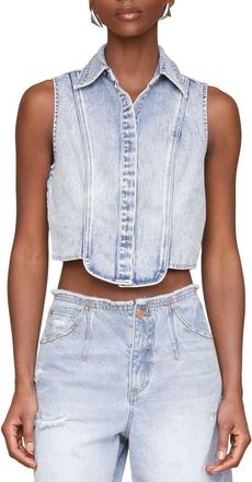 Avec Les Filles Sleeveless Tuxedo Crop Denim Shirt in Madeira Wash at Nordstrom, Size X-Large