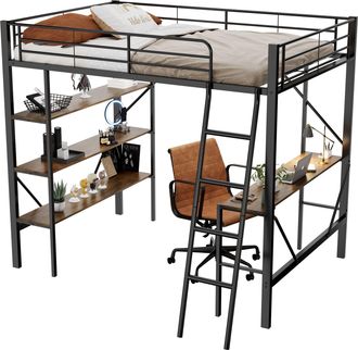 STILVORA Cama Alta Cama Individual Con Escritorio, 3 Estantes Y Escalera 90&times;200 Cm, Sin Colch&oacute;n, Metal Negro