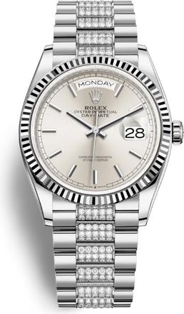 Rolex Day-Date 36 Silver Dial 18kt White Gold Diamond-Set President Watch 128239SSDP