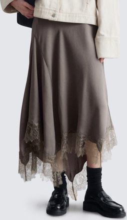 & Other Stories Lace Trim Handkerchief Hem Midi Skirt in Mole Dark at Nordstrom, Size 4