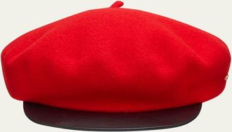 Valentino Garavani Mens VLogo Wool Beret with Calfskin Brim