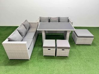 Fimous 9-seater Patio Rectangular Table Sofa Set with 3 Stools Light Grey