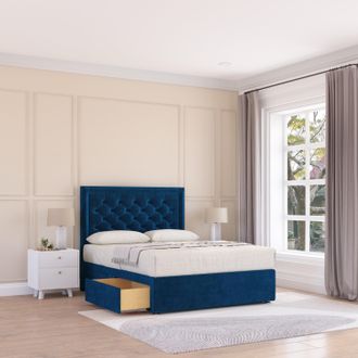 Sloomy Montana Plush Velvet Memory Foam Bed Set With 2 Drawers, Mattress & Headboard in Navy | Size: Small Single