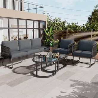 Matteo Outdoor Garden Lounge Set - Thick Cushions, Glass Table, Grey Frame