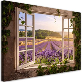 Feeby Cuadro Sobre Lienzo, Vista Desde La Ventana Campo De Lavanda Estilo Shabby Chic, 100x70