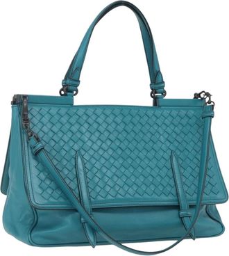 Bottega Veneta Monaco Convertible Satchel Leather With Intrecciato Detail Turquoise Leather Handbag (Pre-Owned)
