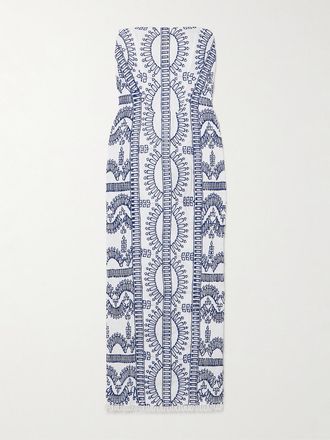 Charo Ruiz Ibiza Abito Midi Senza Spalline In Pizzo Sangallo Di Misto Cotone A Punto Smock Ynisa - Blu