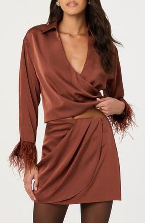 ASTR the Label Catrina Feather Accent Surplice Satin Top in Rust Brown at Nordstrom Rack, Size X-Small