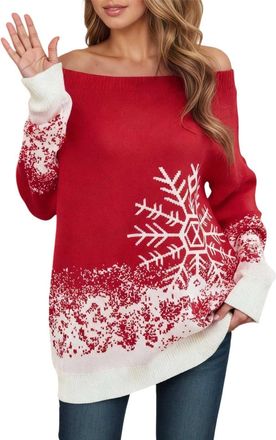 Generic Womens Christmas Jumper Snowflake Print Warm Off Shoulder Sexy Long Sleeve Christmas Pattern Sweater Chic and Elegant Autumn Winter Christmas Long Sof