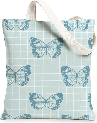 Generic Butterfly Pattern Canvas Tote Bags, Elegant Floral Design Reusable Grocery Bags, Spring Lightweight Washable Shoulder Strap, Blue, 13x15 Inch