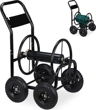 Relaxdays Carro Portamangueras, Recogemangueras M&oacute;vil, Metal, Para Mangueras De 75 M M&aacute;x., Con Manivela, 4 Ruedas, Negro - Relaxdays