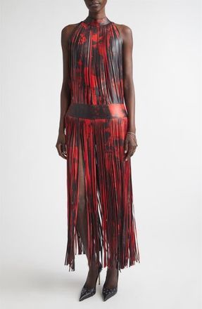 Alexander McQueen Floral Fringe Leather Maxi Dress in Black/Red at Nordstrom, Size 4 Us