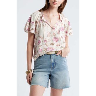 Treasure & Bond Shirred Botanical Print Linen Blend Top in Ivory- Pink Cottage Floral at Nordstrom, Size Xx-Small