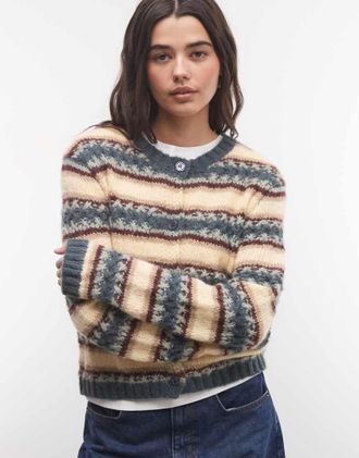 Monki cardigan in maglia testurizzata a righe mix verde kaki