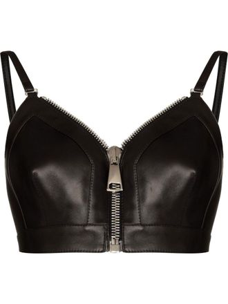 Alexander McQueen zip-front cropped leather top - women - Lamb Skin - 40 - Black