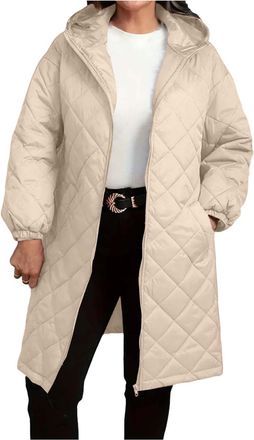 Generic Womens Long Hooded Puffer Quilted Parka Coat Casual Solid Color Plain Long Sleeve Jackets Ladies Fashion Comfortable Loose Classic Winter Warm Full Zi