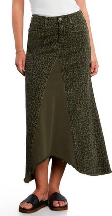 Wash Lab Denim Leopard Print Pieced Denim Midi Skirt in Green Leopard at Nordstrom, Size 25
