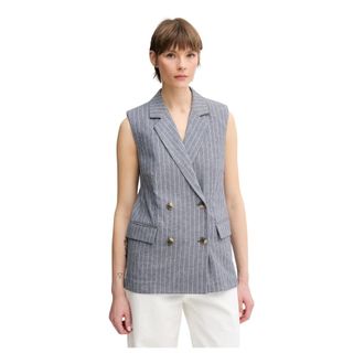 Benetton Lange Gestreepte Vest - Dames - Bodywarmers - Blauw - XS - Katoen - Jassen