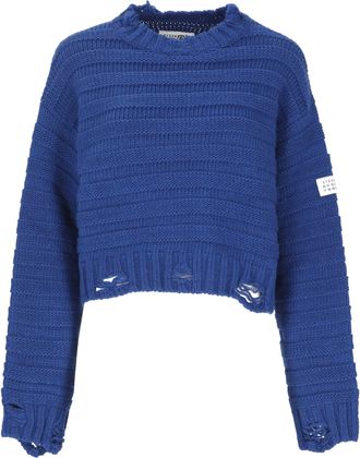 Maison Margiela Blue Wool-Blend Numeric Logo Patch Cropped Sweater