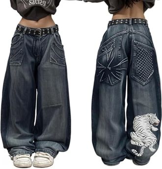 Generic Women Y2k Hip Hop Jeans Loose Fit High Waist Stretchy Wide Leg Cargo Combat Denim Pants Casual Streetwear Vintage Grunge Skateboard Stretchy Baggy Jea