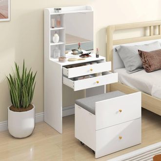 HOMCOM Dressing Table with Mirror & Stool, Makeup Desk with Drawers, White
