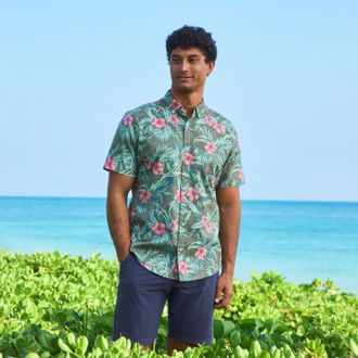Reyn Spooner Palm Floral Hibiscus Button Front Hawaiian Aloha Shirt In Olive