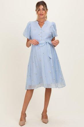 Pinkblush Floral Embroidered Tie Waist Dress in Blue at Nordstrom, Size Medium