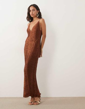Asos Vestito midi marrone con spalline sottili, frange, pannelli e scollo a V