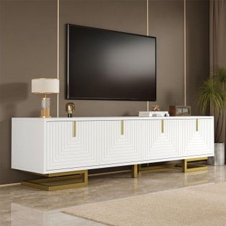 OEM Mueble De Tv, Blanco, Con 4 Puertas Texturizadas, Manijas Y Patas Doradas, Mueble De Sal&oacute;n, 160 X 38 X 44 Cm