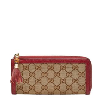 Gucci Brown Red Color Canvas Leather Long Wallet (Bi-Fold) (Pre-Owned)