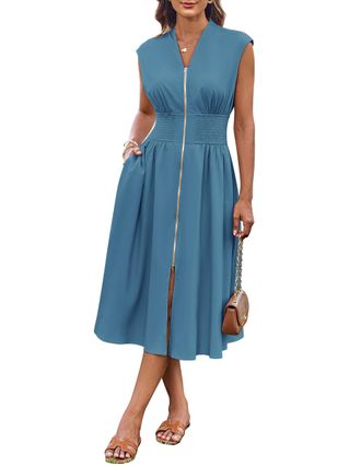 Grace Karin Womens Casual Midi Dress Cap Sleeve V Neck Beach Dress Zipper Front Gray Blue XL