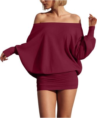 Generic Womens Sexy Bodycon Mini Dress Sexy Solid Colour Off The Shoulder Pleated Bodycon Sheath Dress (XS) Wine