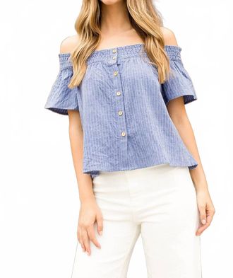 THML Clothing Stripe Button Down Off Shoulder Top In Dusty Blue