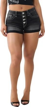 True Religion Rolled Button Fly Mid Rise Denim Shorts in Thunder Bloom at Nordstrom, Size 26