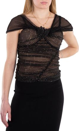 Self Portrait Rhinestone Embellished Fishnet Bardot Top, Brand Size 6 ( US Size 2 )